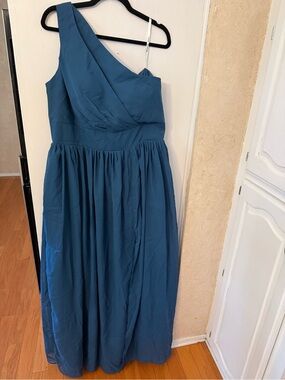 One-Shoulder Teal Blue Bridesmaid Dress with Draped Bodice